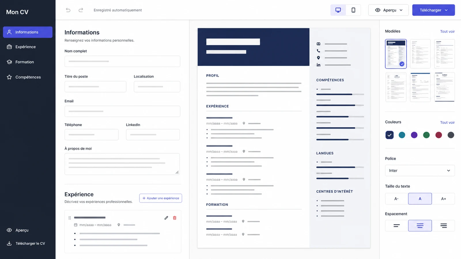 Aperçu de Application Web pour la Création de CV